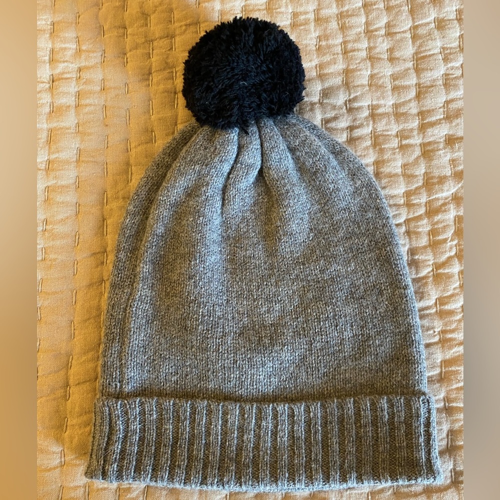 NEW J.Crew gray wool blend winter hat with black pom-pom and ribbed fold-up edge